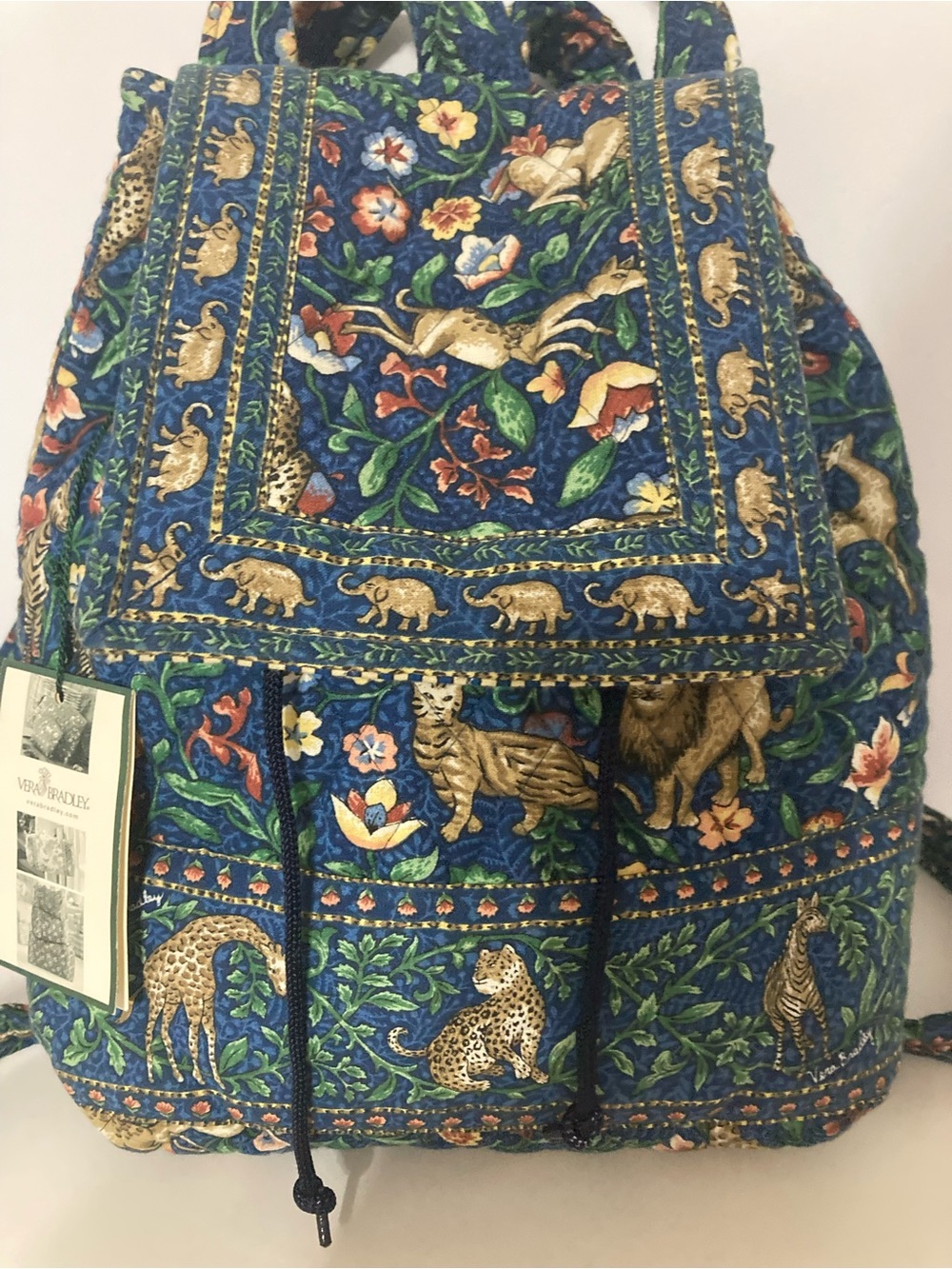 Vera Bradley Navy Floral & Animal Print Quilted Drawstring Backpack. Item# TSbp1 - Picture 2 of 7